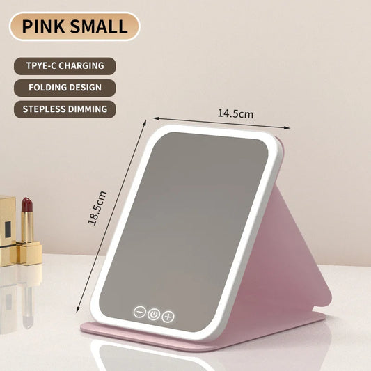 3 Colors Dimmable LED Makeup Mirror with Touch Screen Fold Cosmetic Makeup Mirror Rechargeable Tabletop for Travel & Home Use