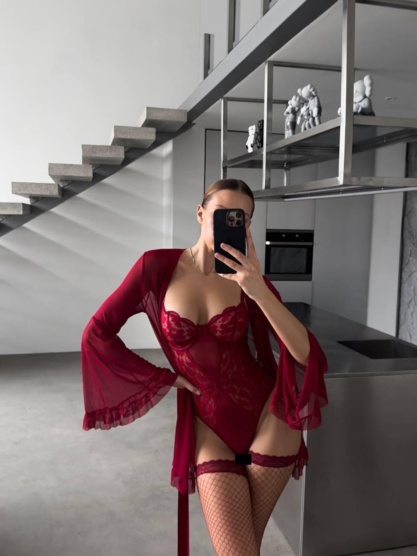 Luxury Lingerie Set with Bodysuit, Robe and Stockings