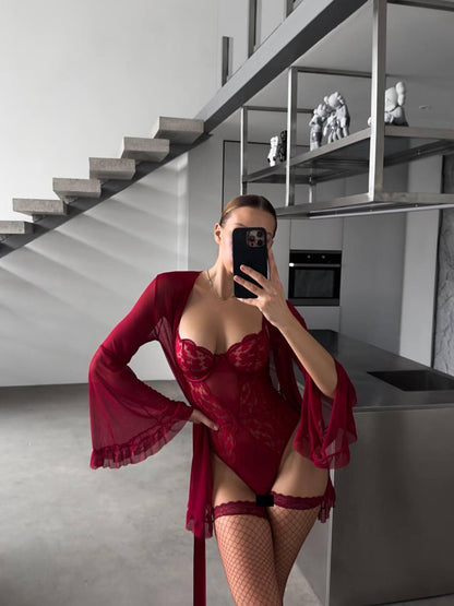 Luxury Lingerie Set with Bodysuit, Robe and Stockings