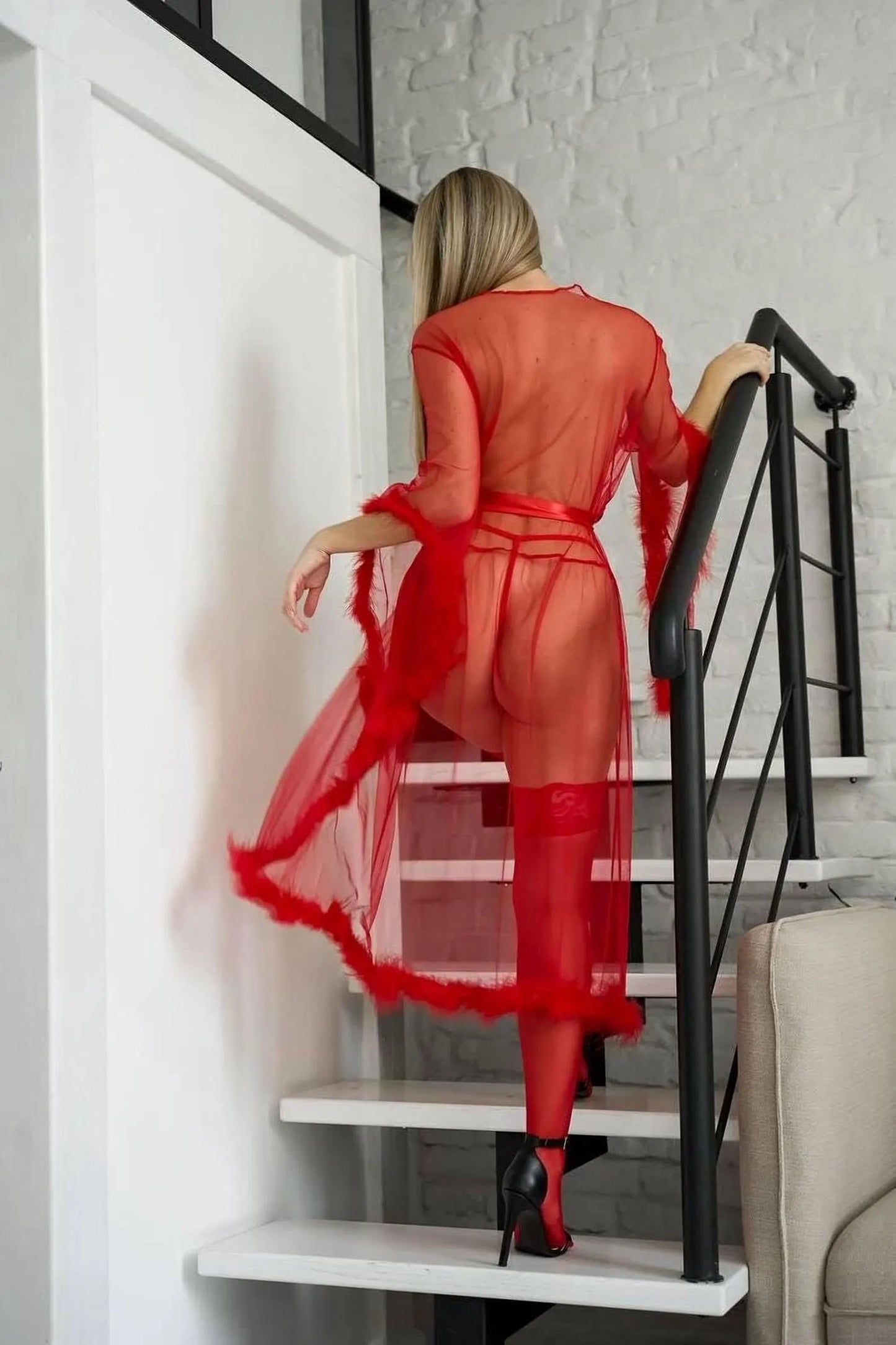 Black Sheer Robe with Feather Trim | Luxury Women's Nightwear