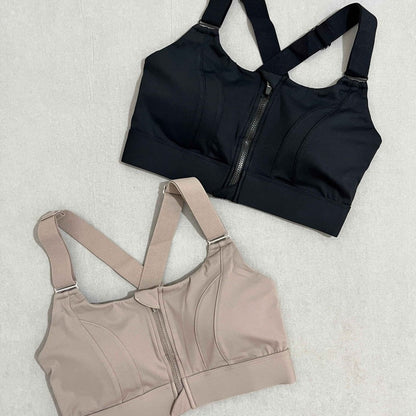 Women's Zipper Front High-Strength Support Adjustable Straps Cross Back Short Fitness Sports Bra