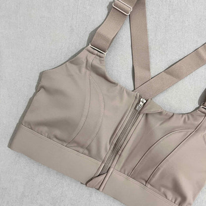 Women's Zipper Front High-Strength Support Adjustable Straps Cross Back Short Fitness Sports Bra