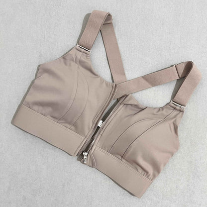 Women's Zipper Front High-Strength Support Adjustable Straps Cross Back Short Fitness Sports Bra