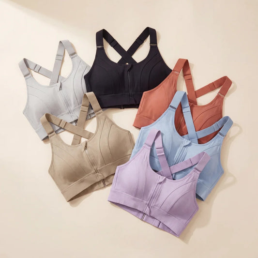 Women's Zipper Front High-Strength Support Adjustable Straps Cross Back Short Fitness Sports Bra