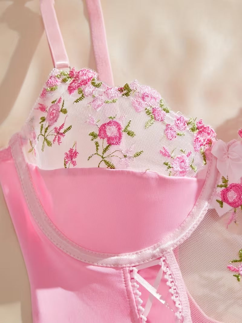 Women's Embroidered Patchwork Garter Lingerie Set