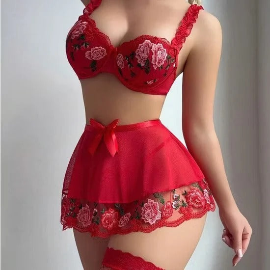 RoseBloom Embroidered Lace Babydoll Set