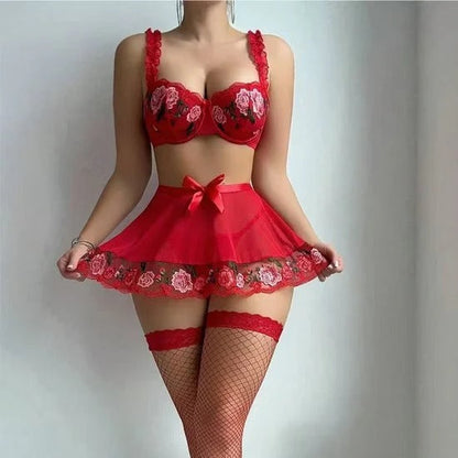 RoseBloom Embroidered Lace Babydoll Set