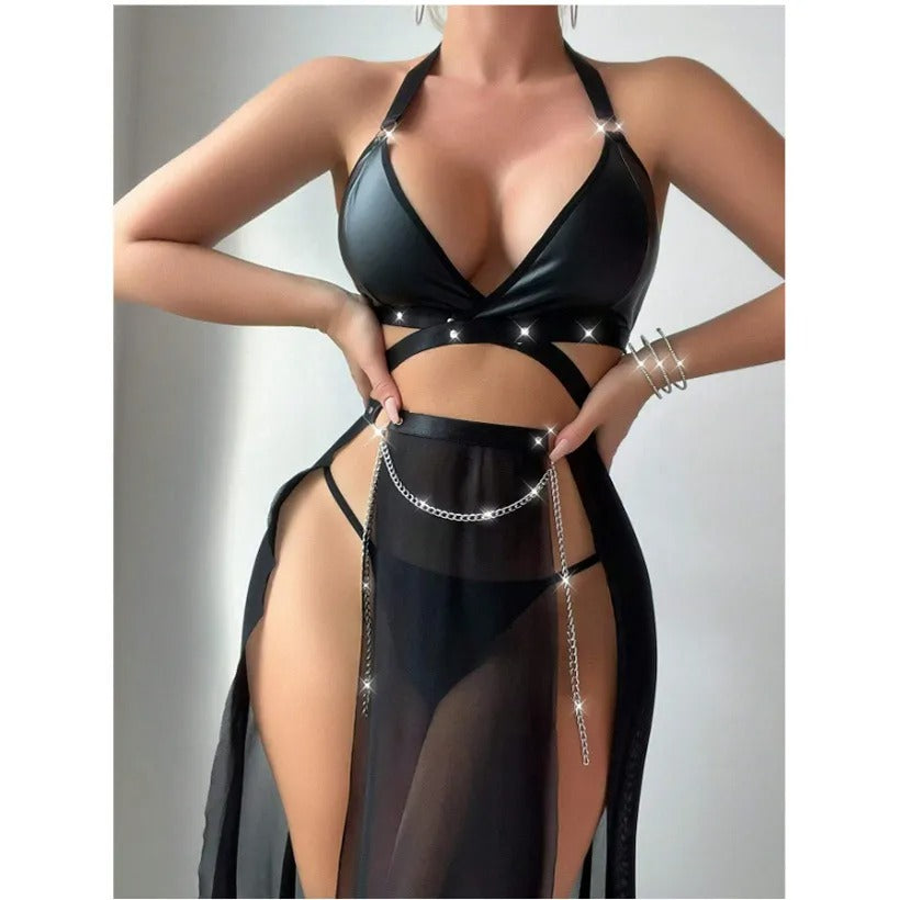 Metal Strap 3-Piece Lingerie Set