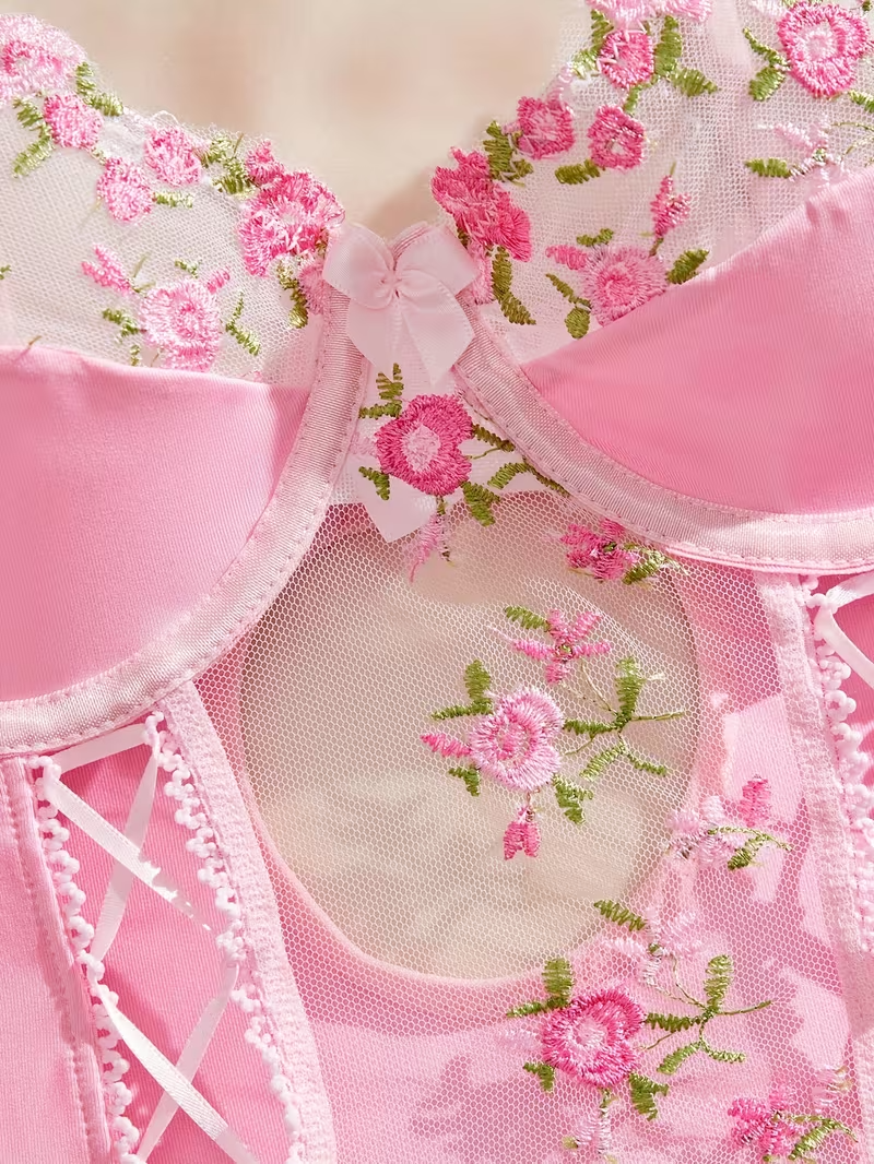 Women's Embroidered Patchwork Garter Lingerie Set
